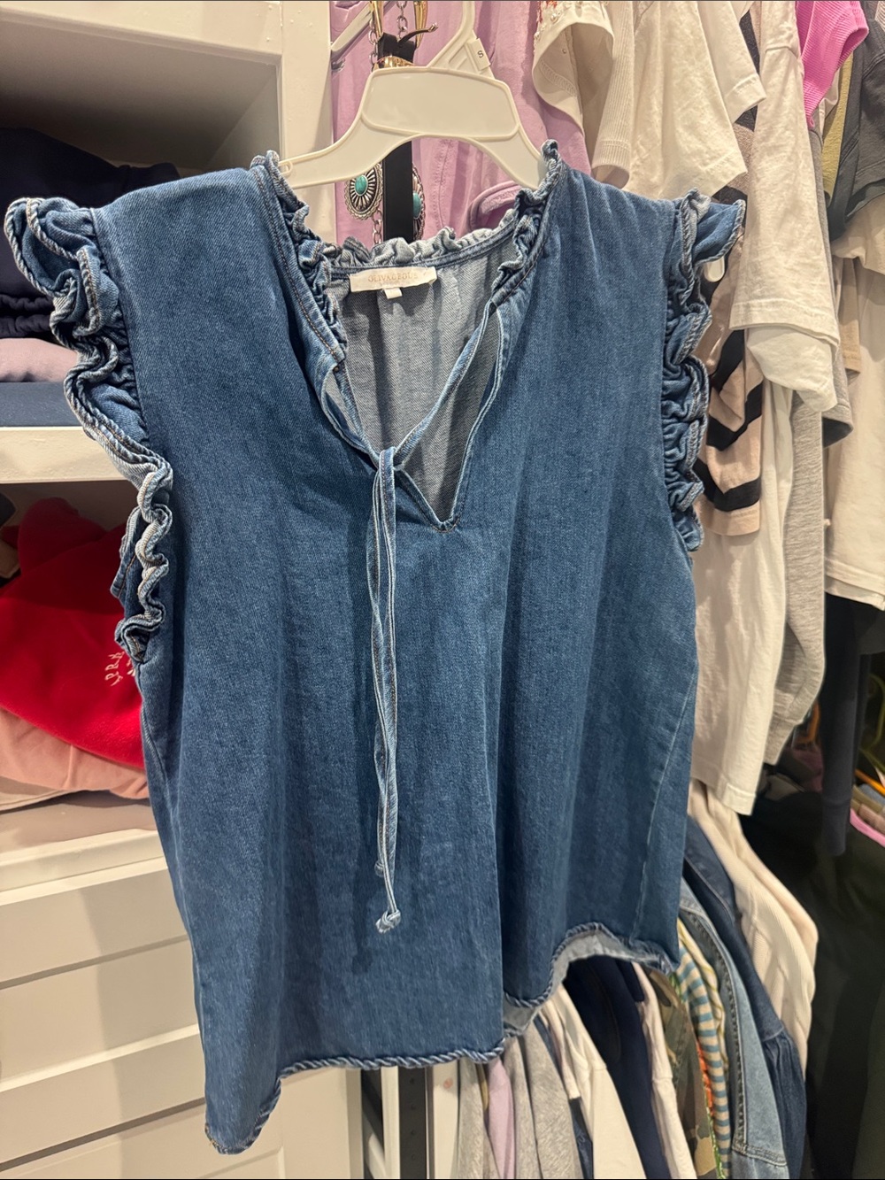 Olivaceous Denim Blue Ruffled Sleeve Tie-Front Blouse